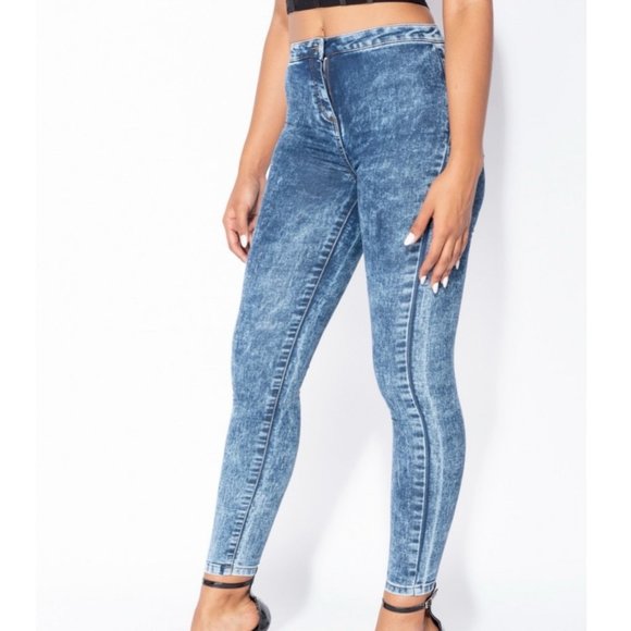Blue Acid Wash High Waist Skinny Denim Jeggings Pants - Picture 2 of 10
